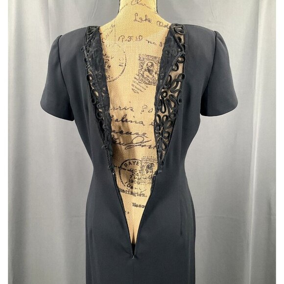 Maggy London Dress Women 6 Black Short Sleeve Mesh Floral Applique Sheath‎ Midi - Picture 5 of 9